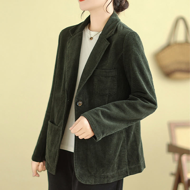 Buddha Stones Retro Plain Women's Long Sleeve Corduroy Jacket With Pockets - image 19