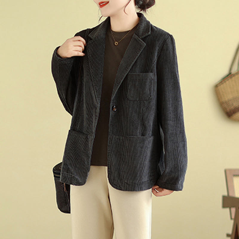 Buddha Stones Retro Plain Women's Cotton Long Sleeve Corduroy Jacket With Pockets - image 17