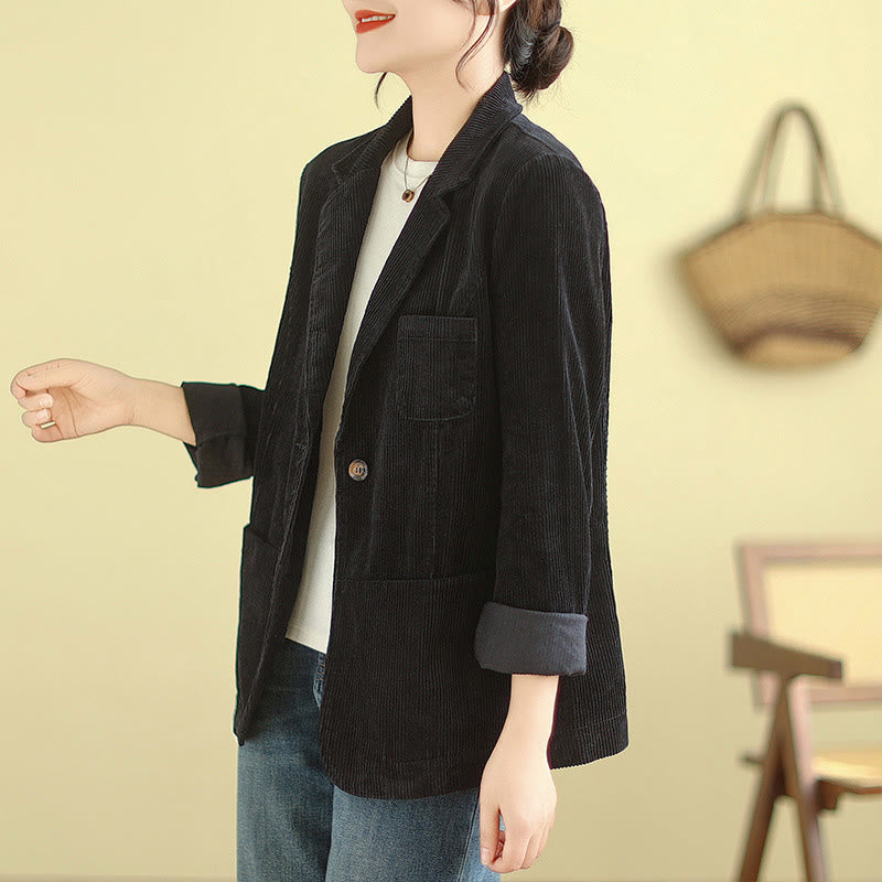 Buddha Stones Retro Plain Women's Cotton Long Sleeve Corduroy Jacket With Pockets - image 28