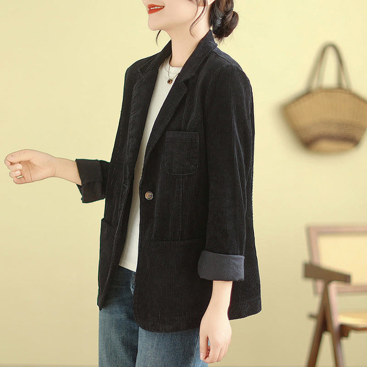 Buddha Stones Retro Plain Women's Cotton Long Sleeve Corduroy Jacket With Pockets - image 28