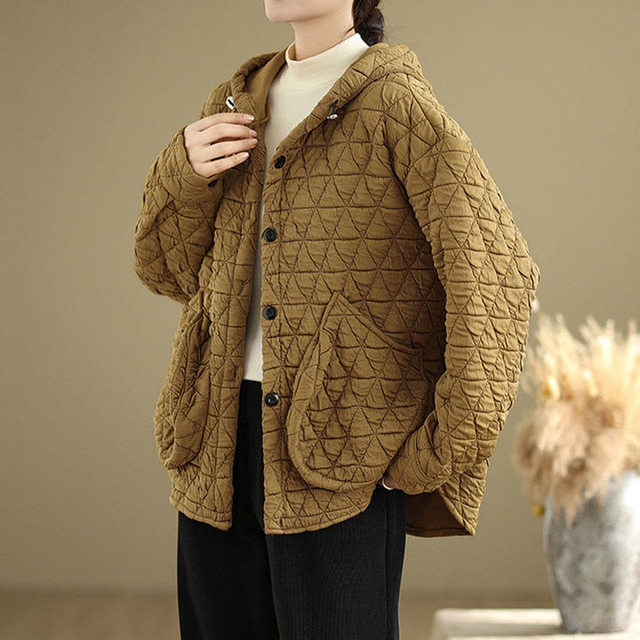 Buddha Stones Retro Rhombic Pattern Women's Acrylic Hooded Long Sleeve Jacket - Goldenrod - US14，UK/AU18，EU46 (2XL) - image 1