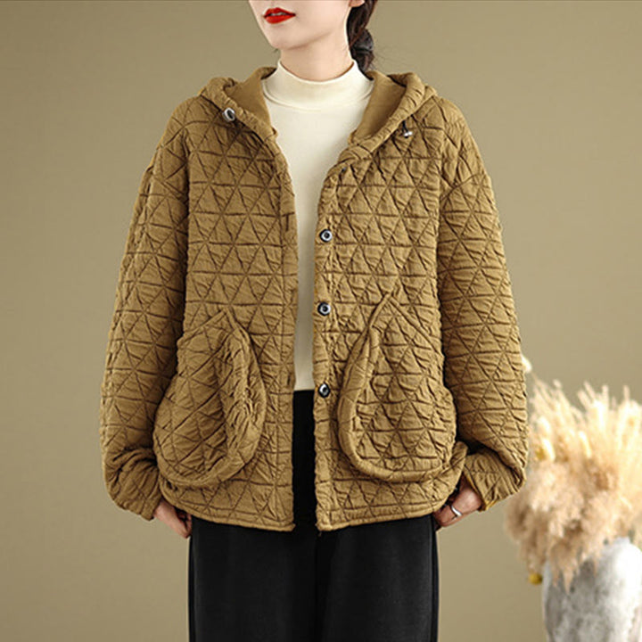 Buddha Stones Retro Rhombic Pattern Women's Acrylic Hooded Long Sleeve Jacket - image 5