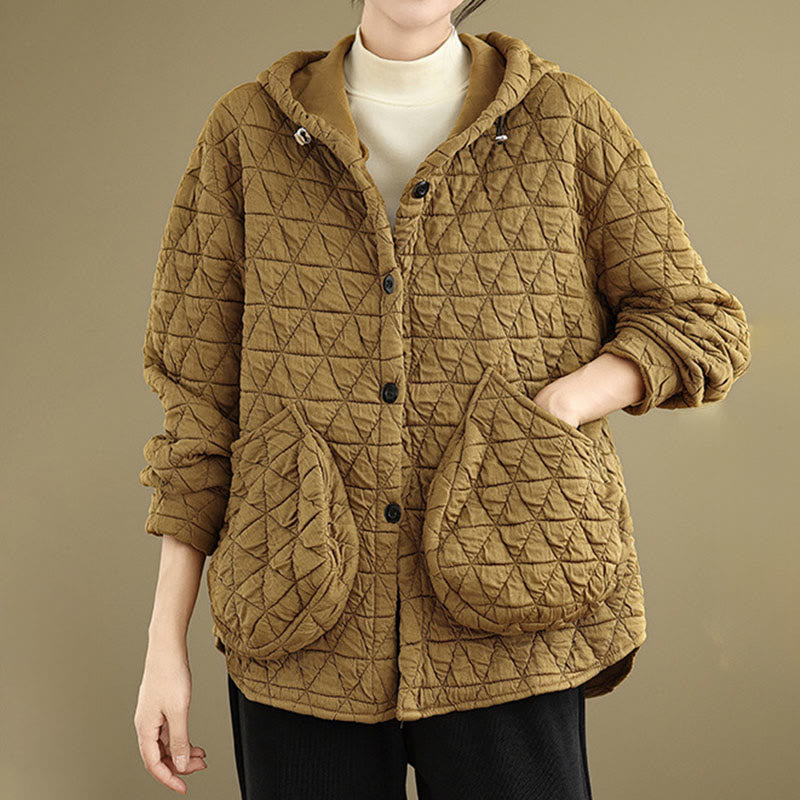 Buddha Stones Retro Rhombic Pattern Women's Acrylic Hooded Long Sleeve Jacket - image 3