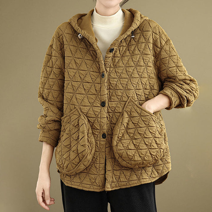 Buddha Stones Retro Rhombic Pattern Women's Acrylic Hooded Long Sleeve Jacket - image 3