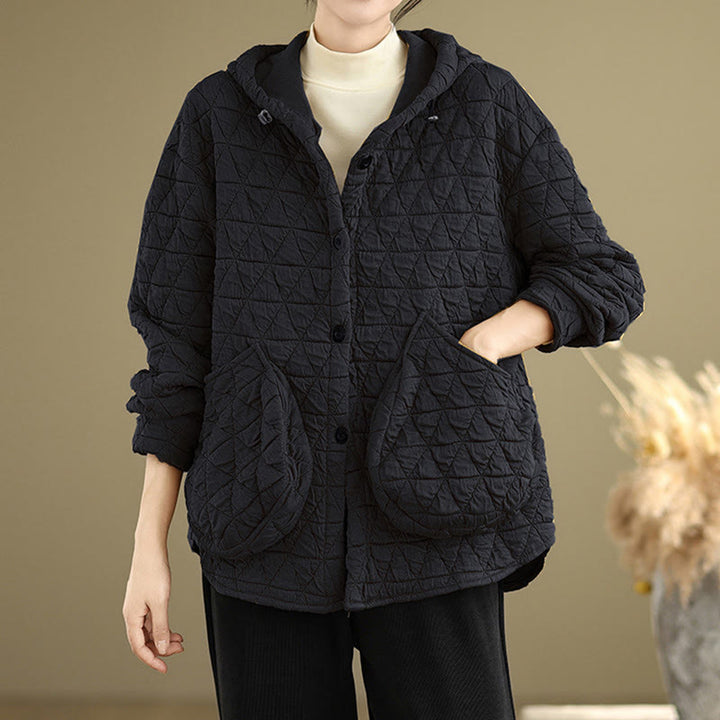 Buddha Stones Retro Rhombic Pattern Women's Acrylic Hooded Long Sleeve Jacket - Black - US14，UK/AU18，EU46 (2XL) - image 9