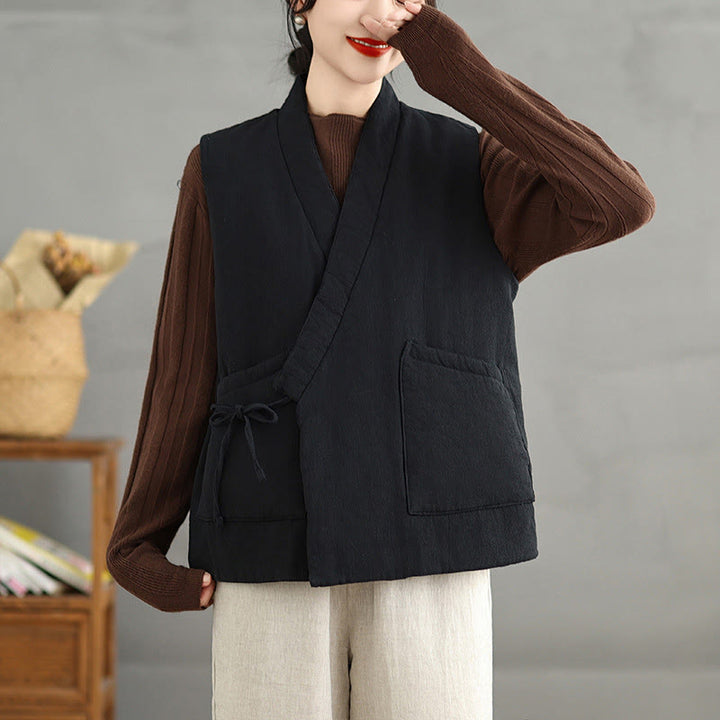 Buddha Stones Plain Lace-up Women's Sleeveless Cotton Vest Waistcoat With Pockets - image 4