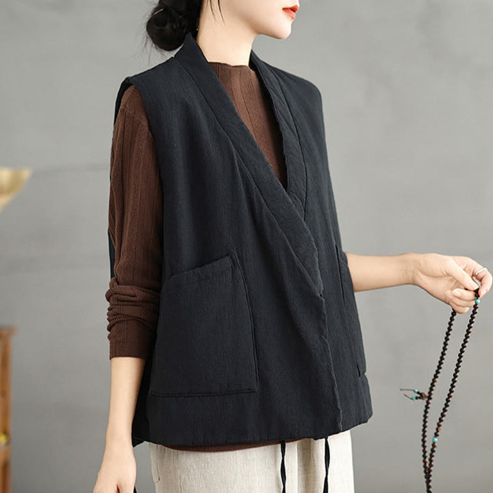 Buddha Stones Plain Lace-up Women's Sleeveless Cotton Vest Waistcoat With Pockets - image 6