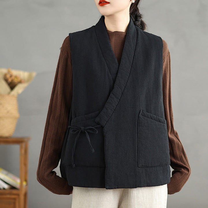 Buddha Stones Plain Lace-up Women's Sleeveless Cotton Vest Waistcoat With Pockets - Black - US12，UK/AU16，EU44 (2XL) - image 1