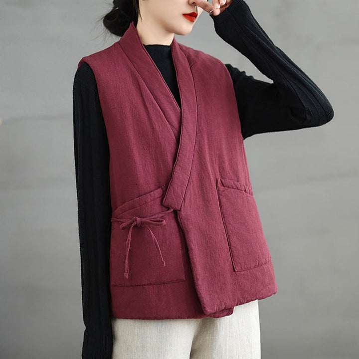 Buddha Stones Plain Lace-up Women's Sleeveless Cotton Vest Waistcoat With Pockets - image 10
