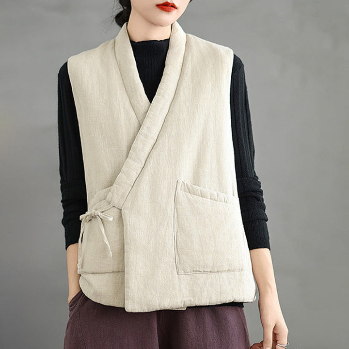 Buddha Stones Plain Lace-up Women's Sleeveless Cotton Vest Waistcoat With Pockets - Beige - US12，UK/AU16，EU44 (2XL) - image 17