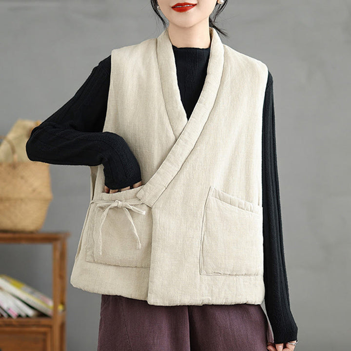 Buddha Stones Plain Lace-up Women's Sleeveless Cotton Vest Waistcoat With Pockets - image 20