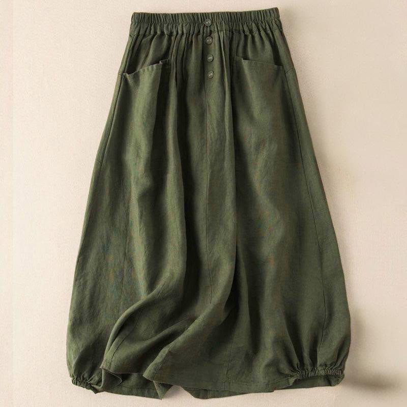 Buddha Stones Summer Solid Button Elastic Waist 7-8 Length Women's Skirt With Pockets - DarkOliveGreen - US16，UK/AU20，EU48 (5XL) - image 5