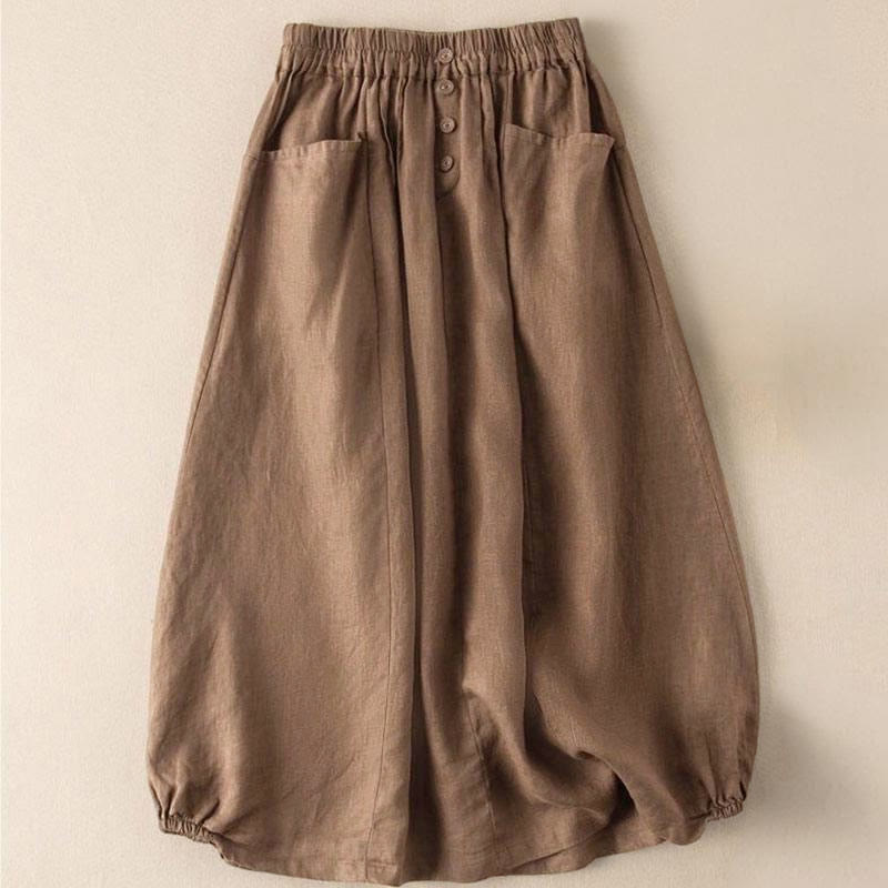 Buddha Stones Summer Solid Button Elastic Waist 7-8 Length Women's Skirt With Pockets - image 3