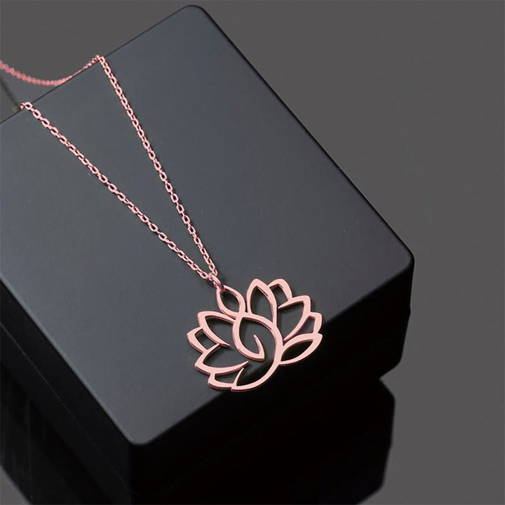 Buddha Stones Hollow Lotus Design Stainless Steel Enlightenment Necklace Pendant - Rose Gold - image 12