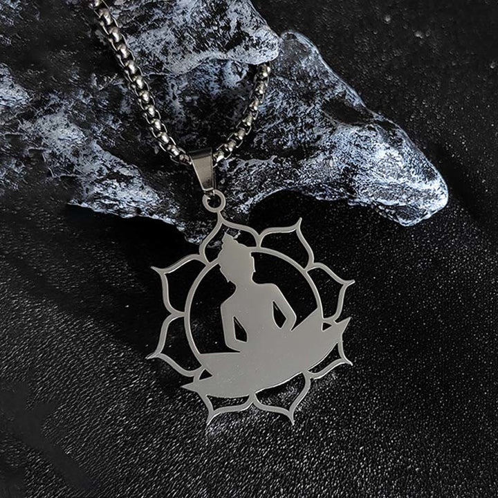 Buddha Stones Vintage Lotus Sitting Buddha Design Stainless Steel Enlightenment Necklace Pendant - image 8