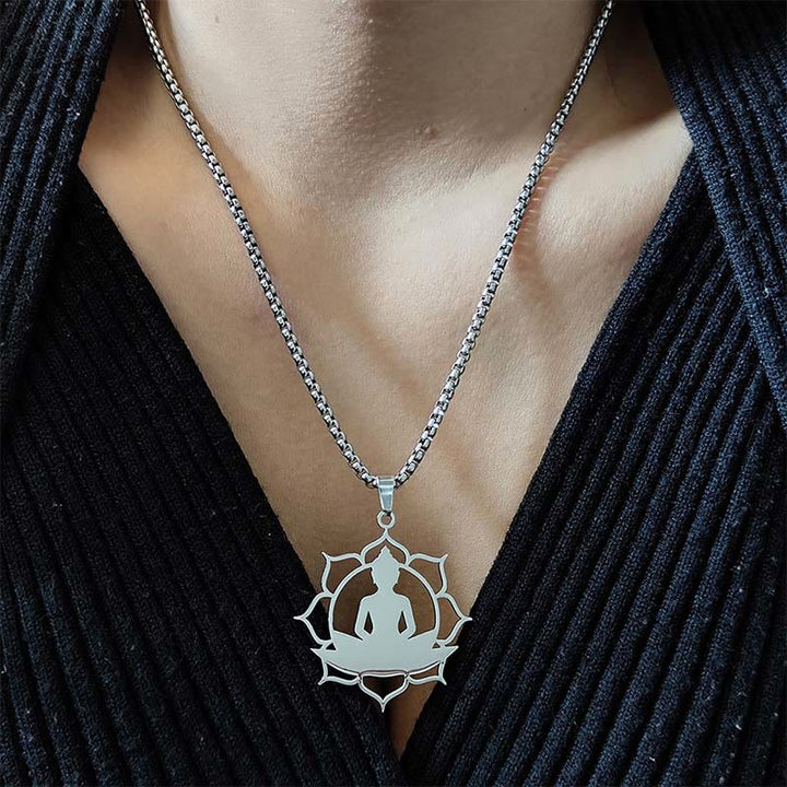 Buddha Stones Vintage Lotus Sitting Buddha Design Stainless Steel Enlightenment Necklace Pendant - image 9