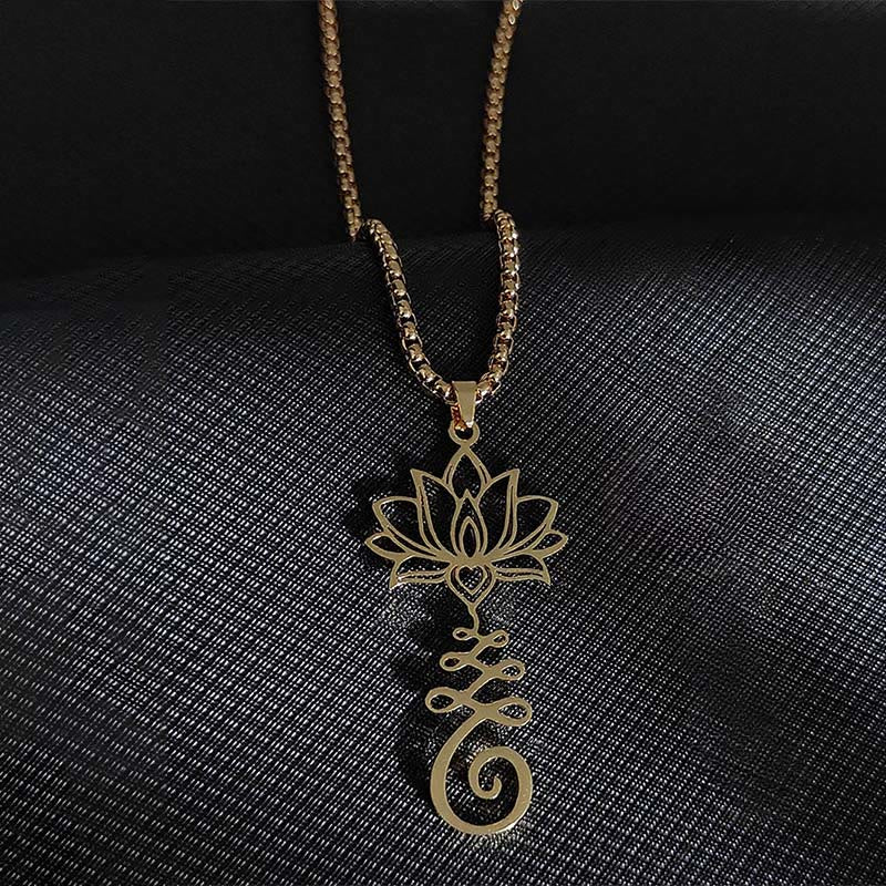 Buddha Stones Chakra Symbol Irregular Design Lotus Stainless Steel Enlightenment Necklace Pendant - image 7