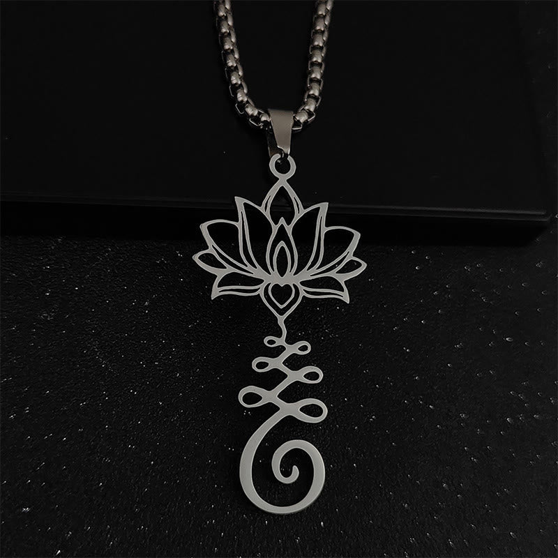 Buddha Stones Chakra Symbol Irregular Design Lotus Stainless Steel Enlightenment Necklace Pendant - Silver - image 2