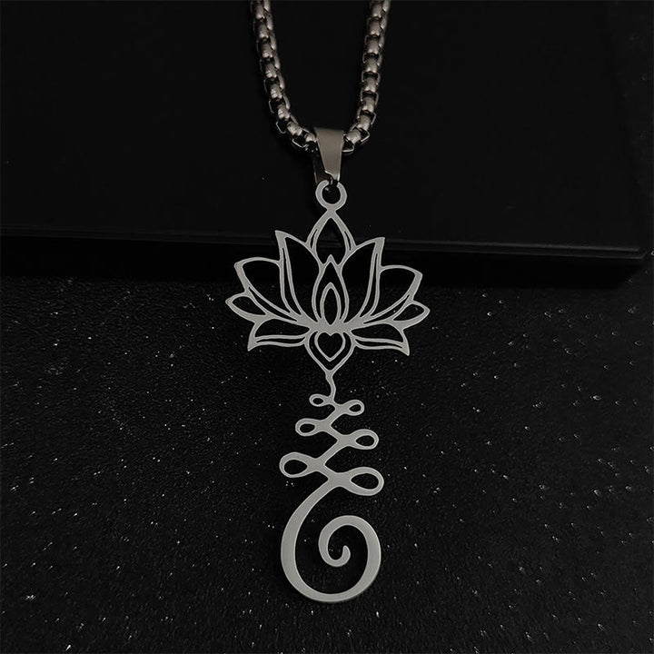 Buddha Stones Chakra Symbol Irregular Design Lotus Stainless Steel Enlightenment Necklace Pendant - Silver - image 2
