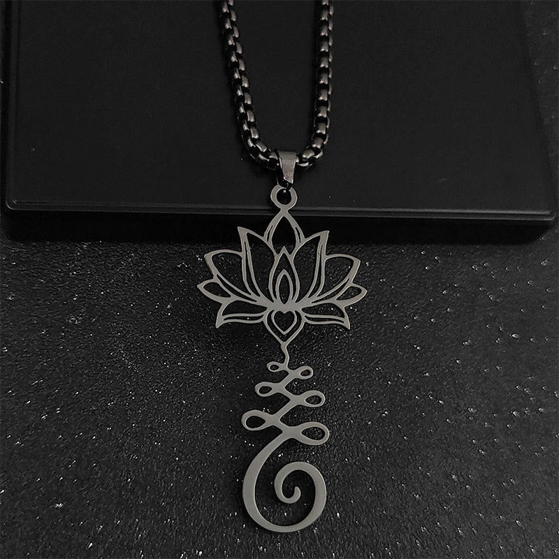 Buddha Stones Chakra Symbol Irregular Design Lotus Stainless Steel Enlightenment Necklace Pendant - Black - image 8