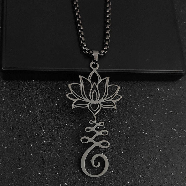 Buddha Stones Chakra Symbol Irregular Design Lotus Stainless Steel Enlightenment Necklace Pendant - Black - image 8