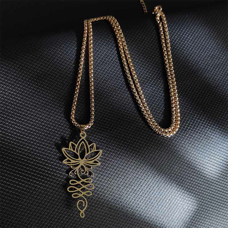 Buddha Stones Lotus Vines Design Chakra Symbol Stainless Steel Enlightenment Necklace Pendant - Gold - image 5