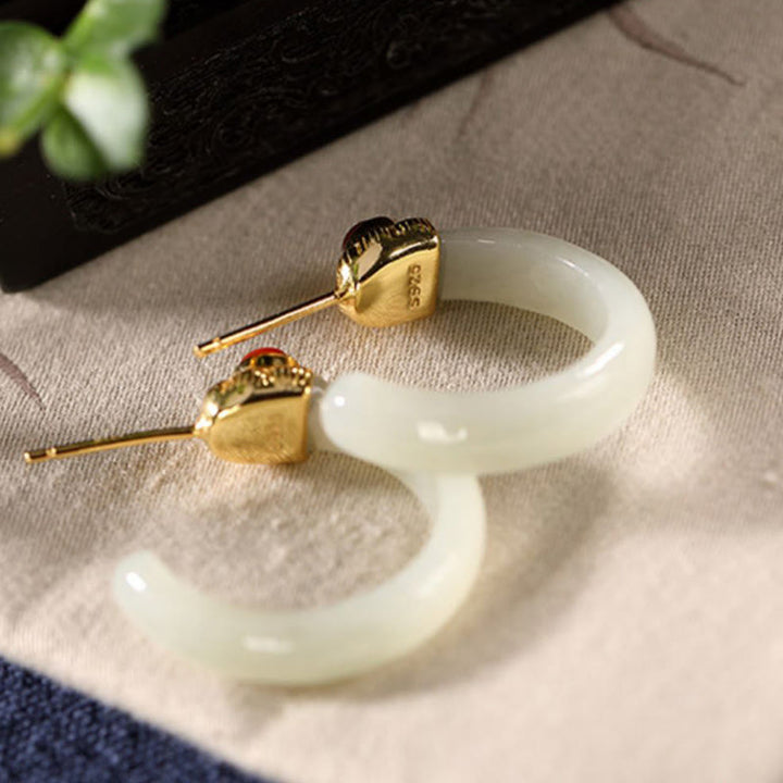 Buddha Stones 925 Sterling Silver Hetian Jade Prosperity Curved Earrings  - image 14