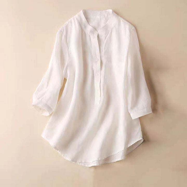 Buddha Stones Casual Women's V-neck Three Quarter Sleeve Design Plain Cotton Linen Shirt - White - US12，UK/AU16，EU44 (3XL) - image 8