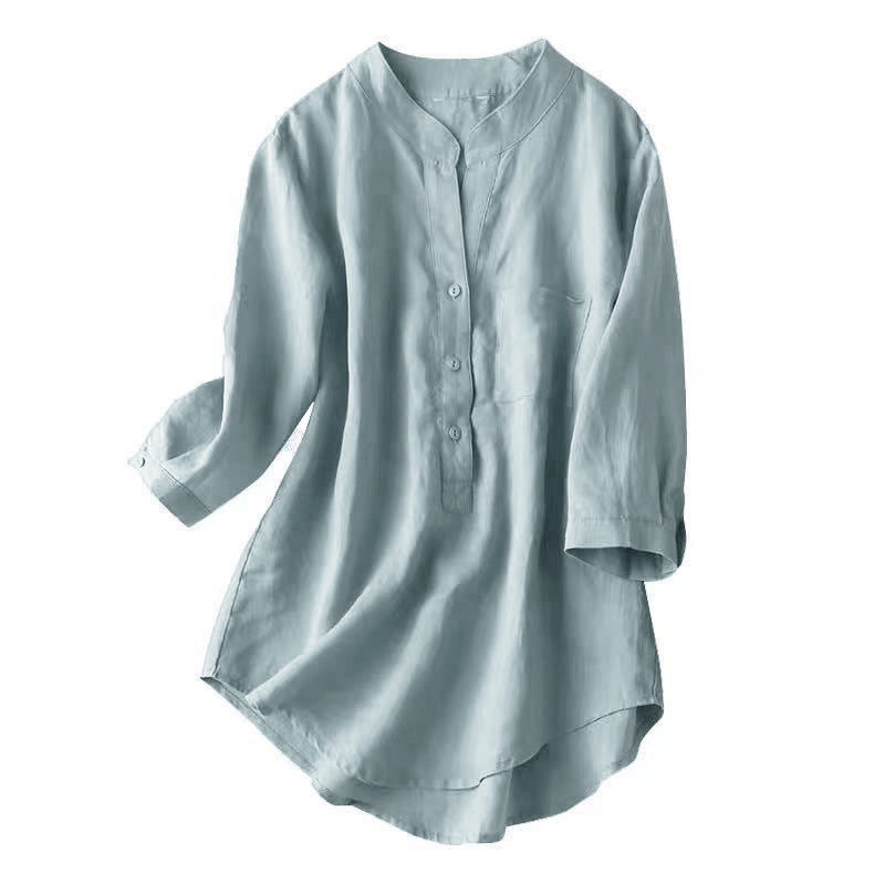 Buddha Stones Casual Women's V-neck Three Quarter Sleeve Design Plain Cotton Linen Shirt - image 4