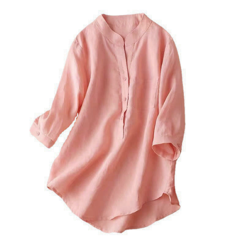 Buddha Stones Casual Women's V-neck Three Quarter Sleeve Design Plain Cotton Linen Shirt - image 18
