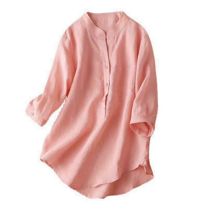Buddha Stones Casual Women's V-neck Three Quarter Sleeve Design Plain Cotton Linen Shirt - image 18