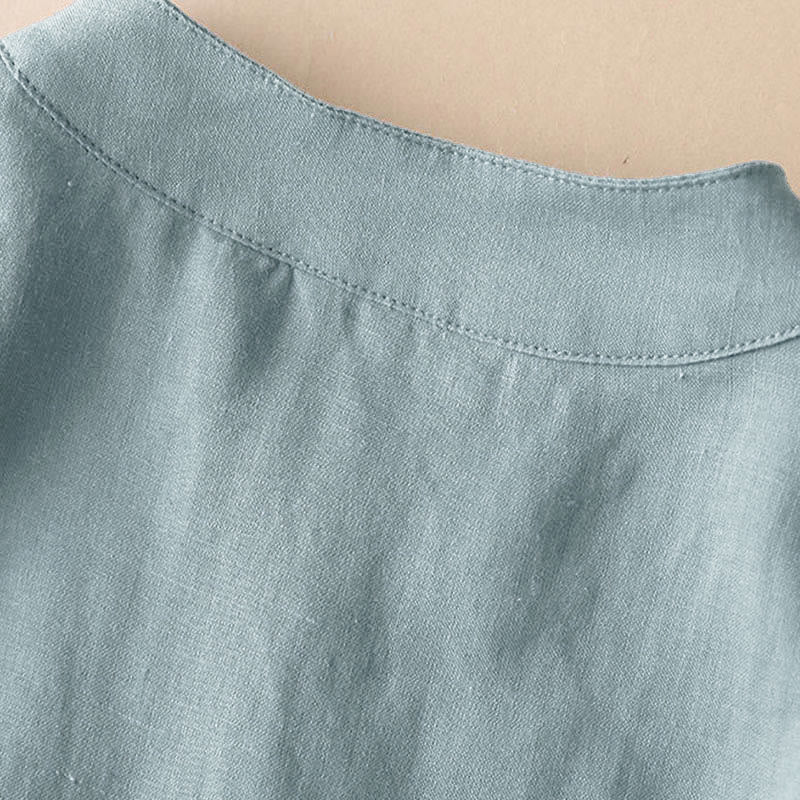 Buddha Stones Casual Women's V-neck Three Quarter Sleeve Design Plain Cotton Linen Shirt - image 7