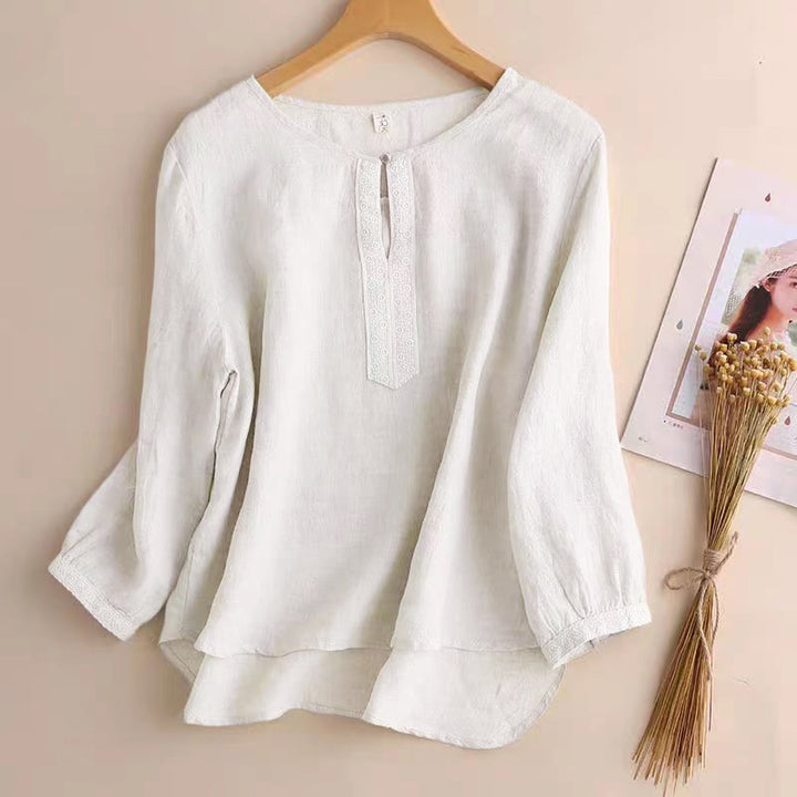 Buddha Stones Casual Plain Women's Hollow Crew Neck Design Three Quarter Sleeve Shirt - Linen - US8-10，UK/AU12-14，EU40-42 (2XL) - image 13