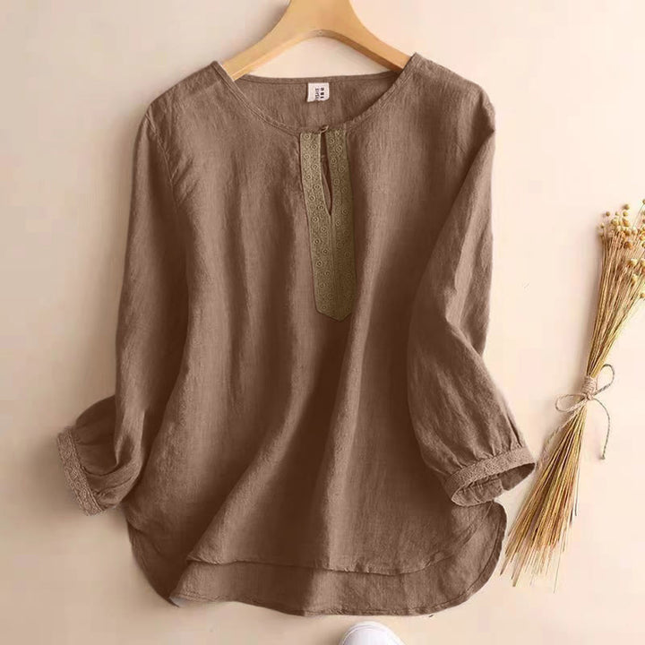 Buddha Stones Casual Plain Women's Hollow Crew Neck Design Three Quarter Sleeve Shirt - Tan - US8-10，UK/AU12-14，EU40-42 (2XL) - image 1
