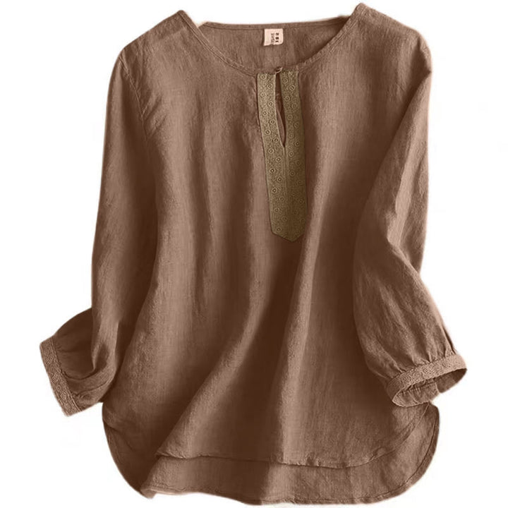 Buddha Stones Casual Plain Women's Hollow Crew Neck Design Three Quarter Sleeve Shirt - image 4