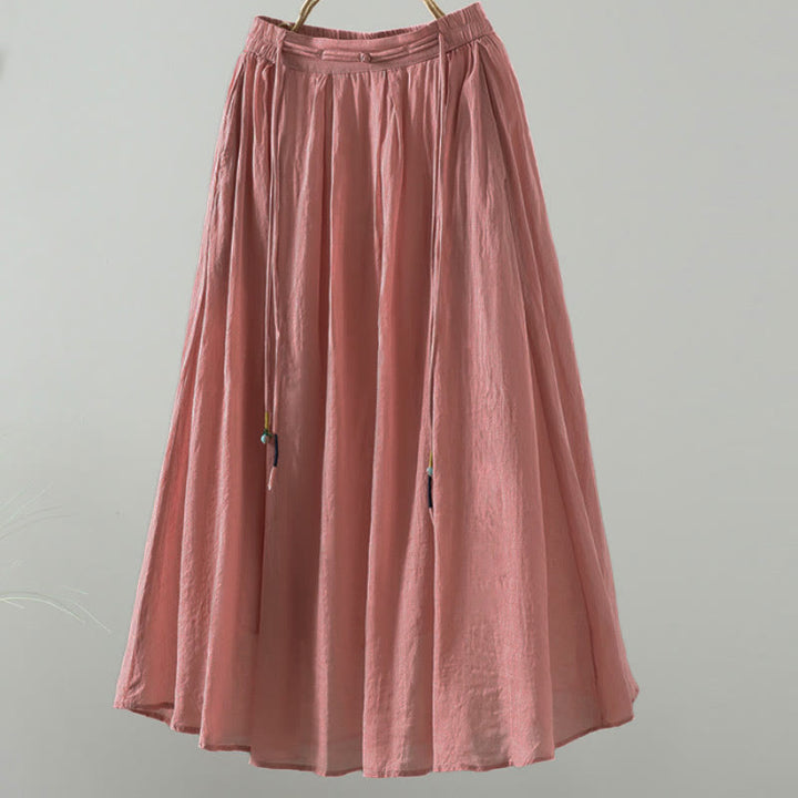 Buddha Stones Summer Retro Pure Color Tassel Design Women's Skirt With Pockets - Salmon - US12，UK/AU16，EU44 (2XL) - image 11