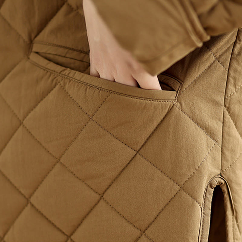 Buddha Stones Women's Buttons Design Cotton Thermal Diamond-quilted Long Sleeve Jacket With Pockets - image 8