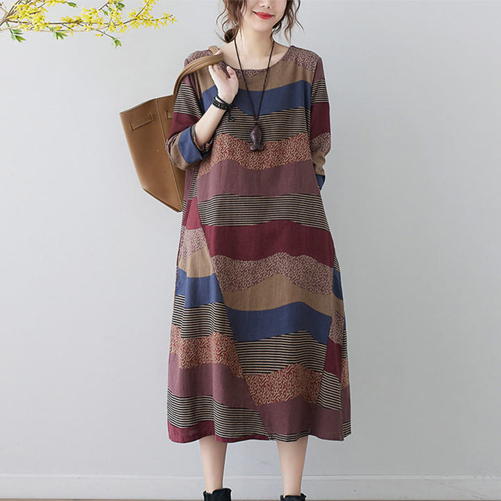 Buddha Stones Ethnic Printing Striped Pattern Long Sleeve Cotton Linen Midi Dress With Pockets - image 10
