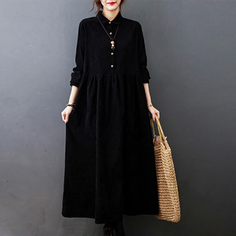 Buddha Stones Fall Buttons Design Long Sleeve Corduroy Midi Dress With Pockets - Black - US8-10，UK/AU12-14，EU40-42 (2XL) - image 0