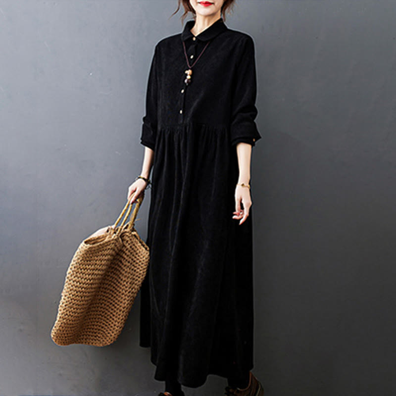 Buddha Stones Fall Buttons Design Long Sleeve Corduroy Midi Dress With Pockets - image 7