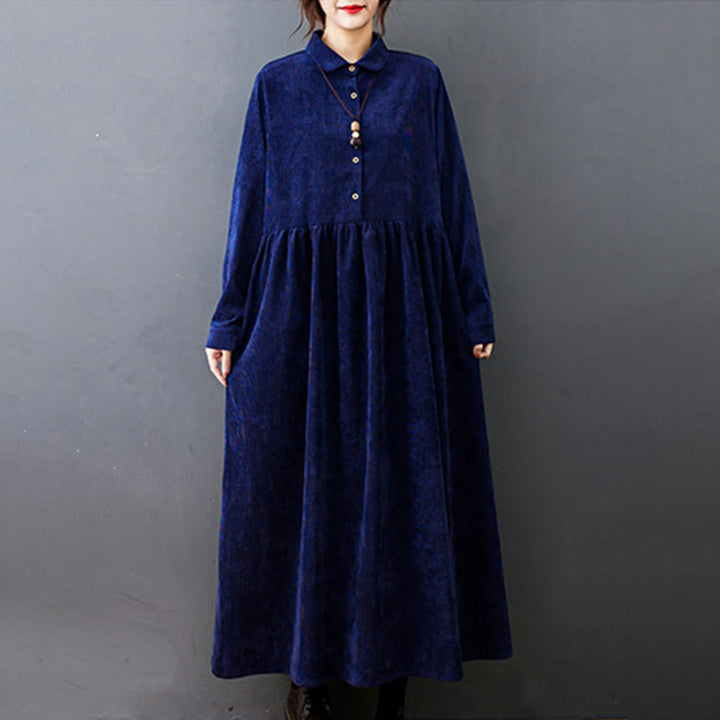 Buddha Stones Fall Buttons Design Long Sleeve Cotton Corduroy Midi Dress With Pockets - image 22