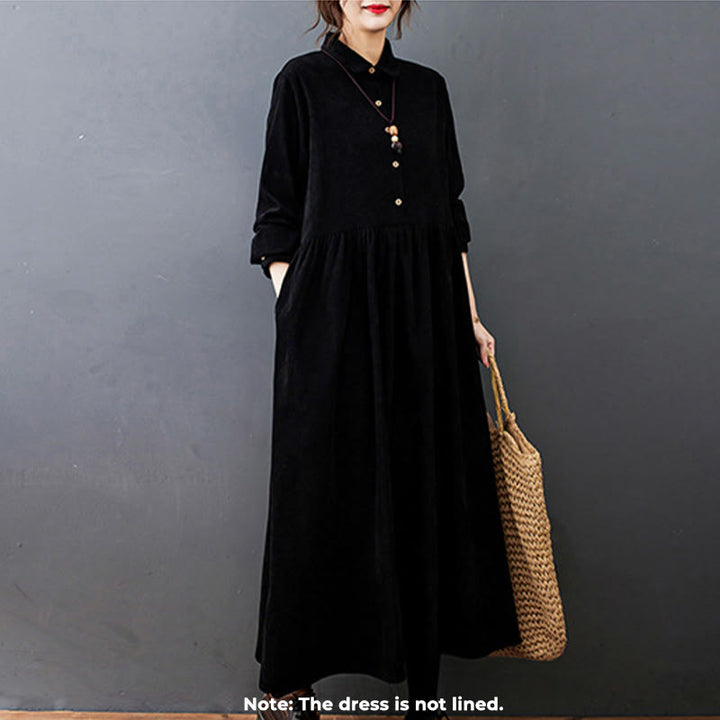 Buddha Stones Fall Buttons Design Long Sleeve Cotton Corduroy Midi Dress With Pockets - image 1