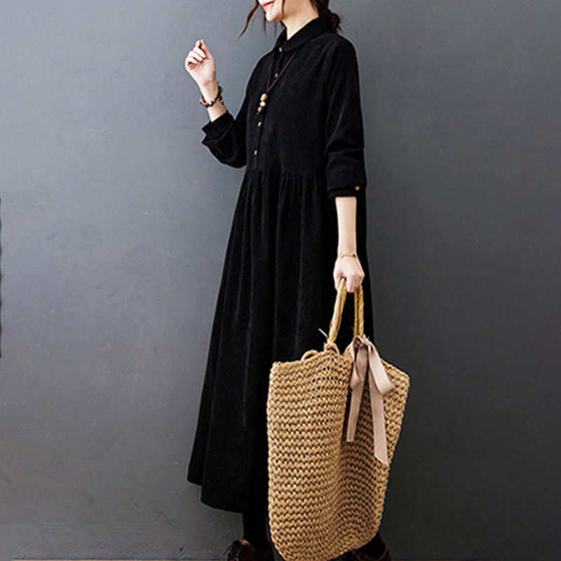 Buddha Stones Fall Buttons Design Long Sleeve Corduroy Midi Dress With Pockets - image 8