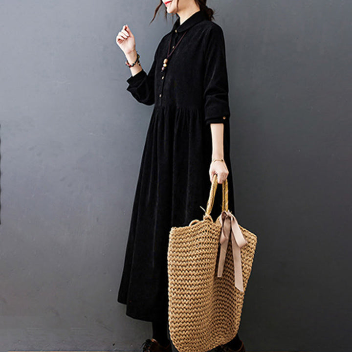 Buddha Stones Fall Buttons Design Long Sleeve Corduroy Midi Dress With Pockets - image 8