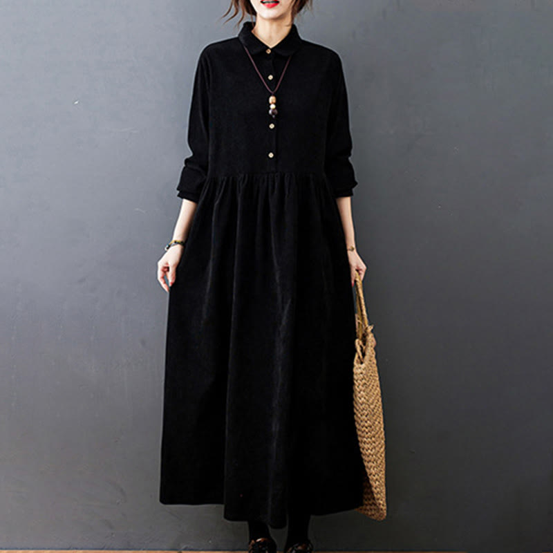 Buddha Stones Fall Buttons Design Long Sleeve Cotton Corduroy Midi Dress With Pockets - image 2