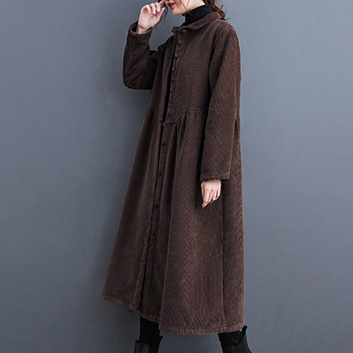 Buddha Stones Plain Buttons Long Sleeve Women's Cotton Corduroy Fleece-Lined Coat With Pockets - image 25