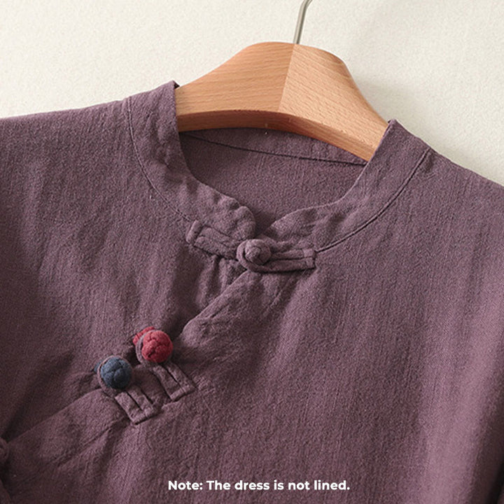 Buddha Stones Spring Diagonal Closure Frog Buttons Design Cotton Long Sleeve Midi Dress - image 2