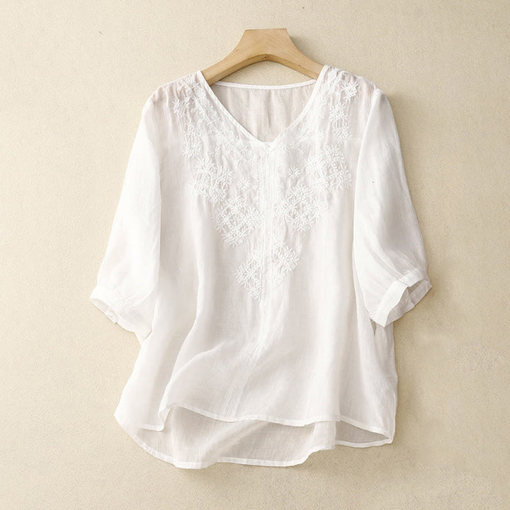 Buddha Stones V-Neck Lines Embroidery Women's Half Sleeve Shirt - White - US12，UK/AU16，EU44 (2XL) - image 16