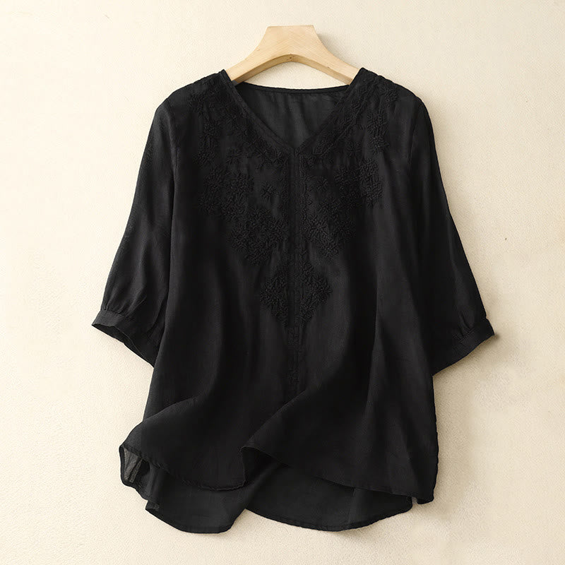 Buddha Stones V-Neck Lines Embroidery Women's Half Sleeve Shirt - Black - US12，UK/AU16，EU44 (2XL) - image 12