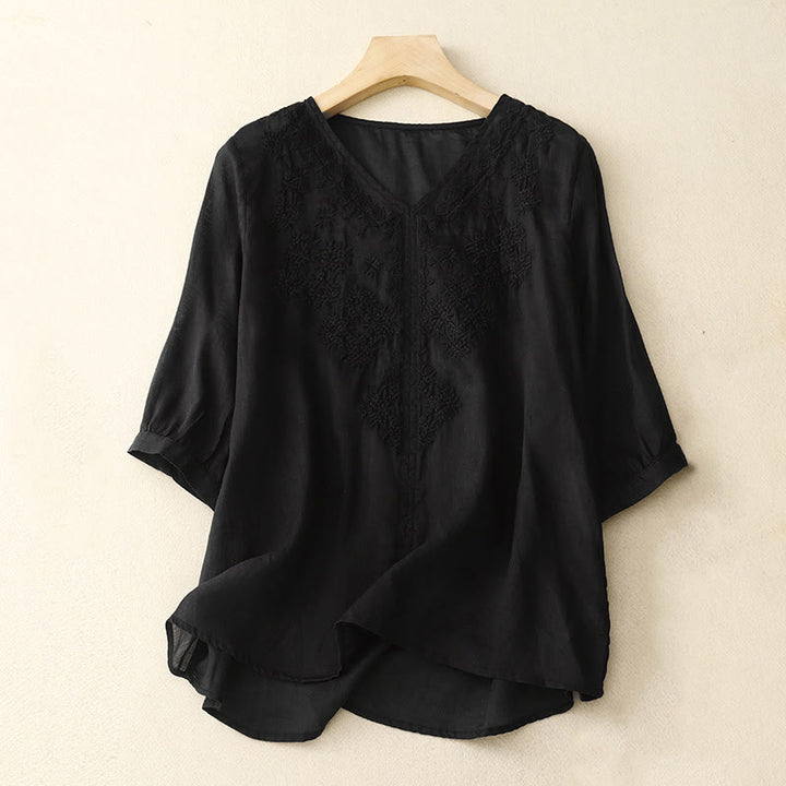Buddha Stones V-Neck Lines Embroidery Women's Half Sleeve Shirt - Black - US12，UK/AU16，EU44 (2XL) - image 12